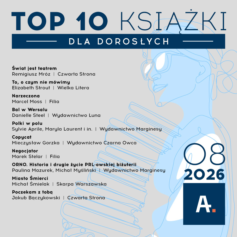 Tytuł Autor Wydawnictwo Świat jest teatrem Remigiusz Mróz Czwarta Strona To, o czym nie mówimy Elizabeth Strout Wielka Litera Narzeczona Marcel Moss Filia Bal w Wersalu Danielle Steel Wydawnictwo Luna Polki w polu Sylvie Aprile, Maryla Laurent i in. Wydawnictwo Marginesy Copycat Mieczysław Gorzka Wydawnictwo Czarna Owca Negocjator Marek Stelar Filia ORNO. Historia i drugie życie PRL-owskiej biżuterii Paulina Mazurek, Michał Myśliński Wydawnictwo Marginesy Miasto Śmierci Michał Śmielak Skarpa Warszawska Poczekam z tobą Jakub Bączykowski Czwarta Strona